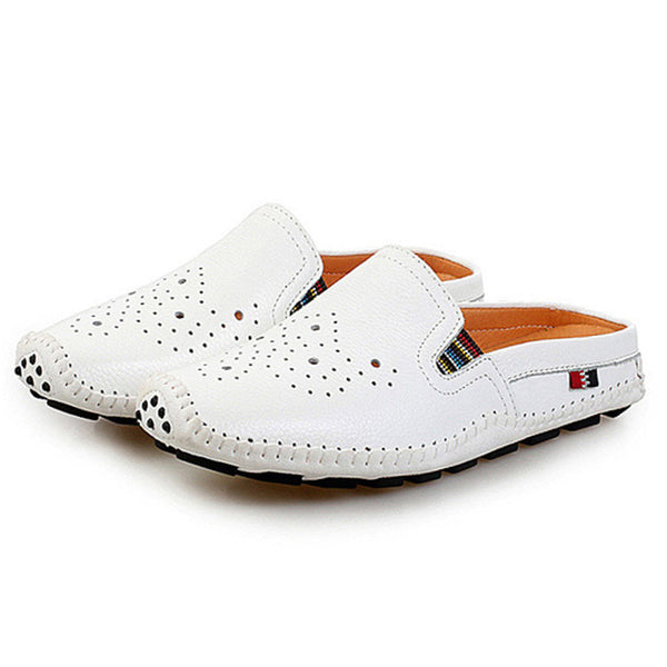 NIS New Hollow Out PU Leather Slippers Men Shoes Hand Sewing Soft Soles Casual Shoes Summer Beach Slippers Mens Slides Zapatos