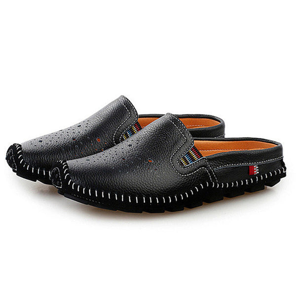 NIS New Hollow Out PU Leather Slippers Men Shoes Hand Sewing Soft Soles Casual Shoes Summer Beach Slippers Mens Slides Zapatos