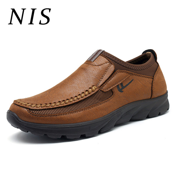 NIS Flat Heel Men Shoes Casual Hand Sewing PU Leather Slip On Driving Shoes Men Summer Flats Patchwork Soft Loafers Plus Size