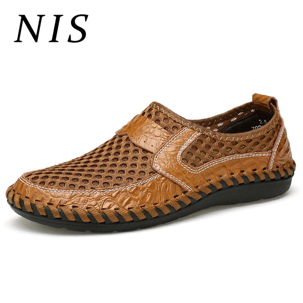 NIS Breathable Mesh Flat Men Shoes Casual Summer Slip On Shoes Men Patchwork Stitching Loafers Sewing Soft Sole PU Leather Flats