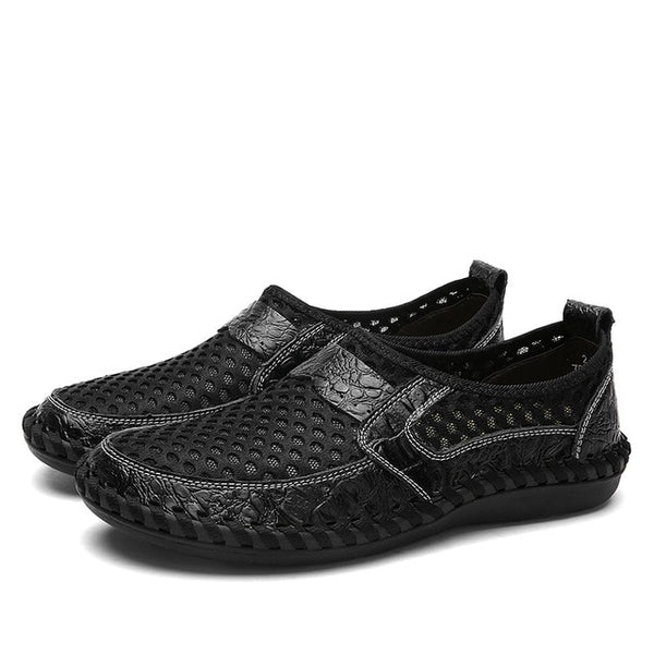 NIS Breathable Mesh Flat Men Shoes Casual Summer Slip On Shoes Men Patchwork Stitching Loafers Sewing Soft Sole PU Leather Flats