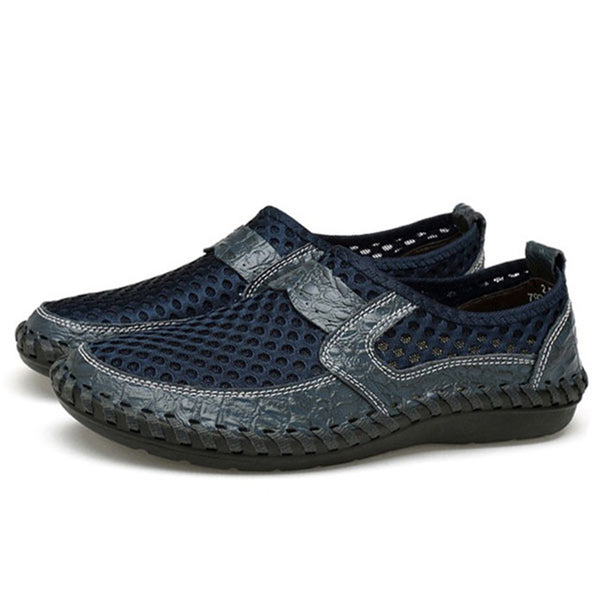 NIS Breathable Mesh Flat Men Shoes Casual Summer Slip On Shoes Men Patchwork Stitching Loafers Sewing Soft Sole PU Leather Flats