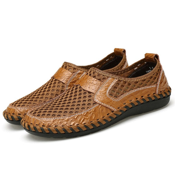 NIS Breathable Mesh Flat Men Shoes Casual Summer Slip On Shoes Men Patchwork Stitching Loafers Sewing Soft Sole PU Leather Flats