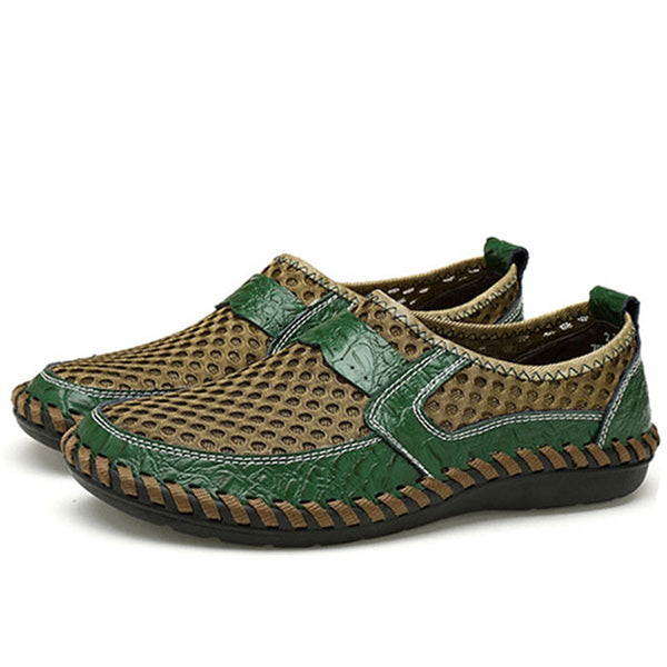 NIS Breathable Mesh Flat Men Shoes Casual Summer Slip On Shoes Men Patchwork Stitching Loafers Sewing Soft Sole PU Leather Flats
