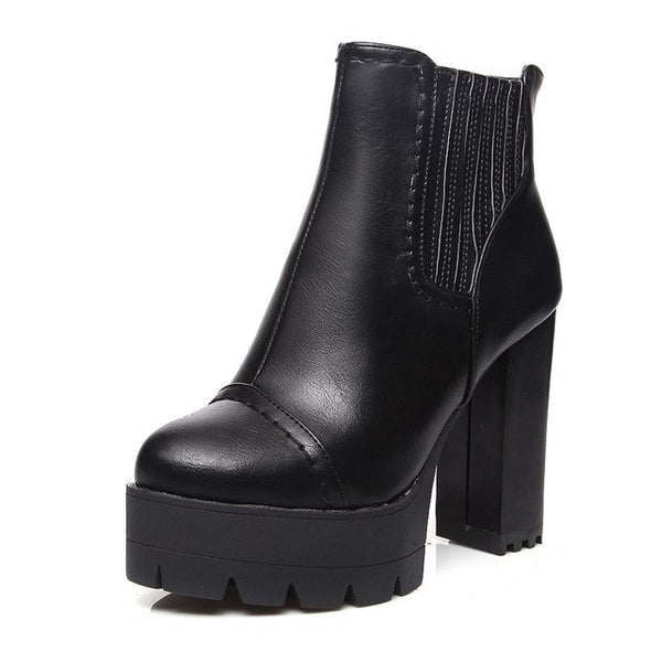 BONJOMARISA New women's Square High Heels Solid Zip Platform Shoes Woman Casual Winter Ankle Boots Large Size 34-43