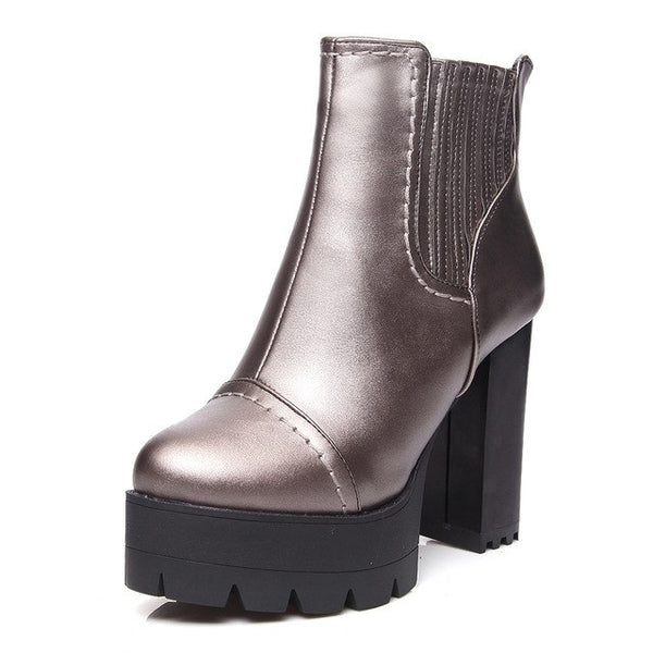 BONJOMARISA New women's Square High Heels Solid Zip Platform Shoes Woman Casual Winter Ankle Boots Large Size 34-43