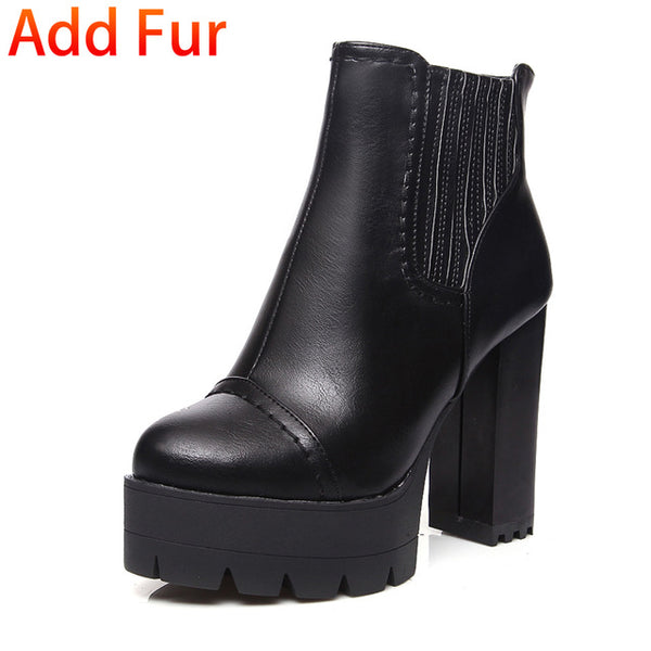 BONJOMARISA New women's Square High Heels Solid Zip Platform Shoes Woman Casual Winter Ankle Boots Large Size 34-43