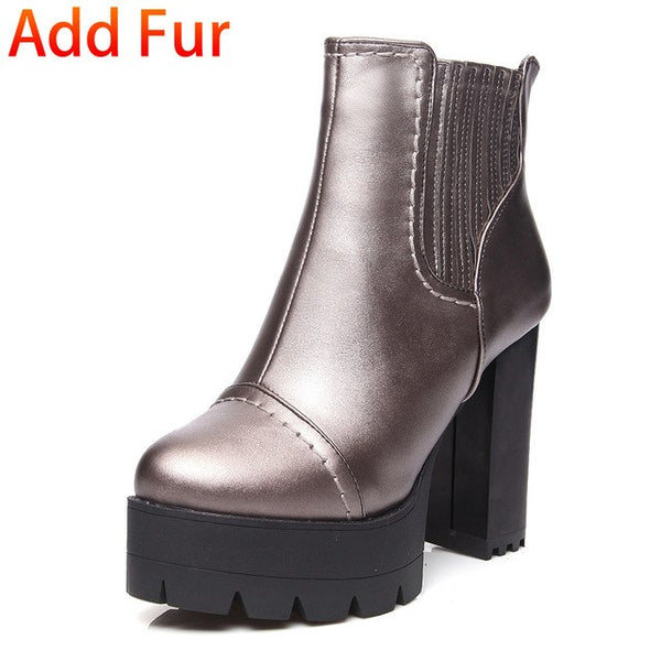 BONJOMARISA New women's Square High Heels Solid Zip Platform Shoes Woman Casual Winter Ankle Boots Large Size 34-43