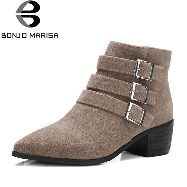 BONJOMARISA plus size 32-48 women's booties ankle chelsea boots women autumn 2018 new elegant buckle decorate heels shoes woman