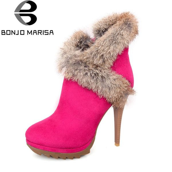 BONJOMARISA 2018 women's Sexy Thin High Heels Winter Shoes Fashion Platform Rabbit Ankle Boots Party Woman Booties