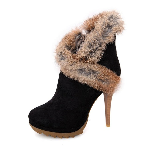 BONJOMARISA 2018 women's Sexy Thin High Heels Winter Shoes Fashion Platform Rabbit Ankle Boots Party Woman Booties