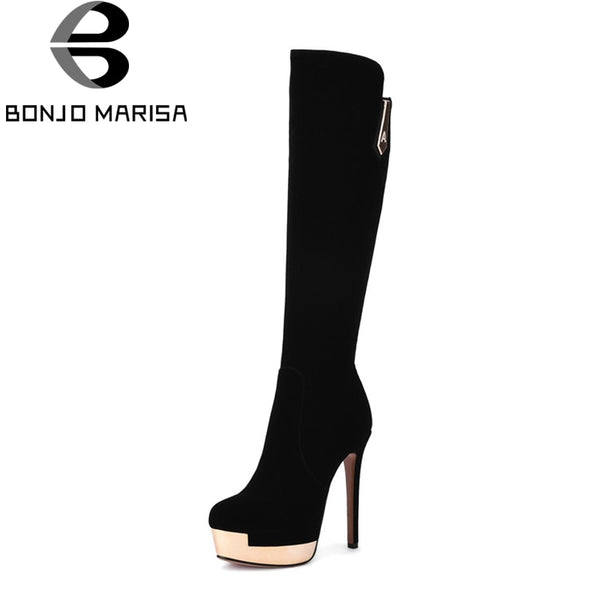 BONJOMARISA Women's Ultra High Heels Platform Shoes Woman Zipper Clousre Suede Upper Knee Boots Size 34-39