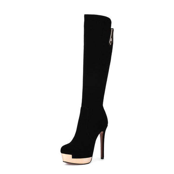 BONJOMARISA Women's Ultra High Heels Platform Shoes Woman Zipper Clousre Suede Upper Knee Boots Size 34-39