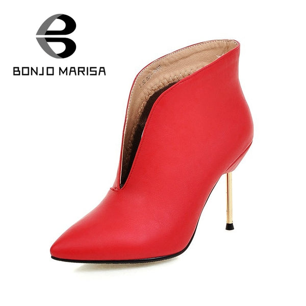 BONJOMARISA Women's Sexy Thin High Heel Spring Autumn Shoes Woman Pointed Toe Ankle Boots Big Size 32-43