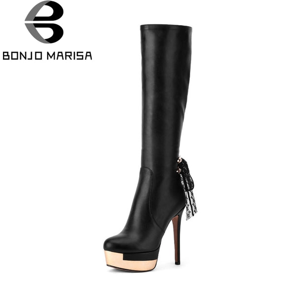 BONJOMARISA Women's Sexy High Heel Platform Shoes Woman Zipper Closure Leatheret Knee Boots Size 34-39