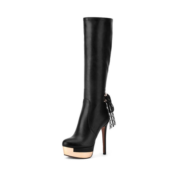 BONJOMARISA Women's Sexy High Heel Platform Shoes Woman Zipper Closure Leatheret Knee Boots Size 34-39