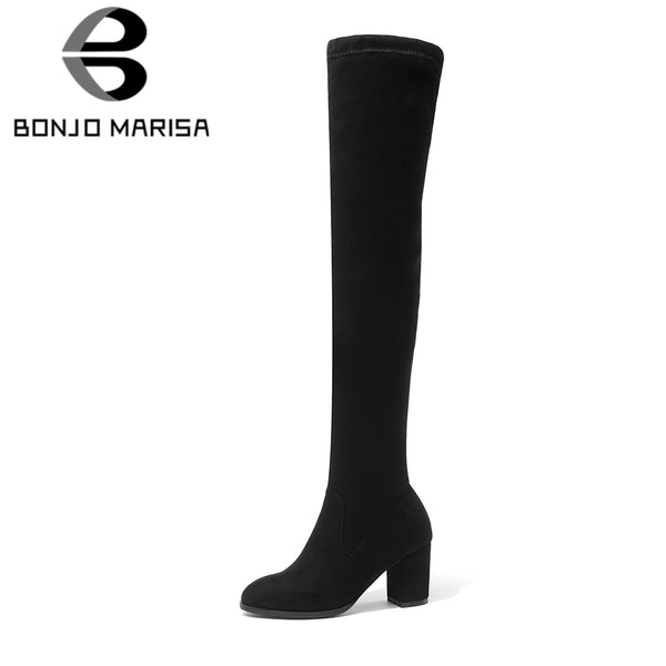 BONJOMARISA New Brand Stretch Fabric Zip Up Knot Woman Long Boots Women's Shoes Big Size 34-43 Square Heels Riding Boots