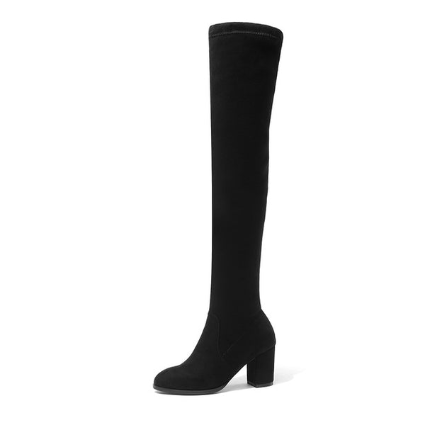 BONJOMARISA New Brand Stretch Fabric Zip Up Knot Woman Long Boots Women's Shoes Big Size 34-43 Square Heels Riding Boots