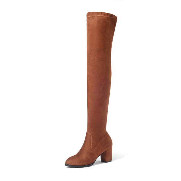 BONJOMARISA New Brand Stretch Fabric Zip Up Knot Woman Long Boots Women's Shoes Big Size 34-43 Square Heels Riding Boots