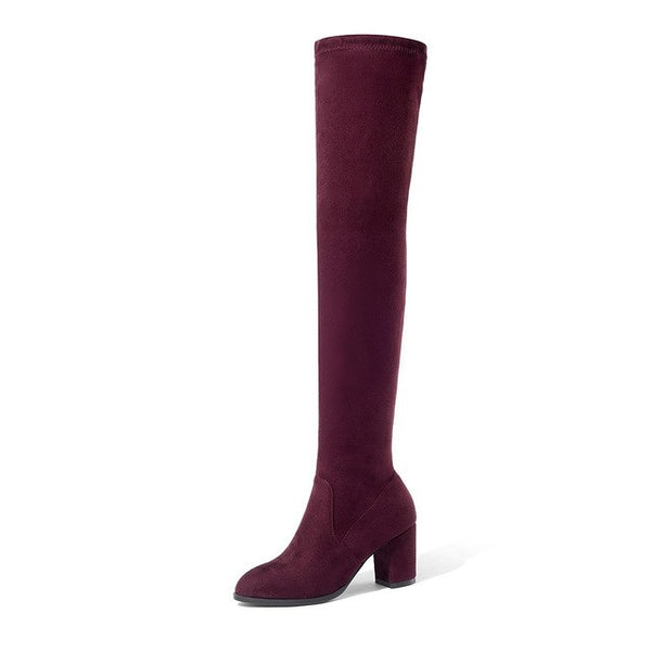 BONJOMARISA New Brand Stretch Fabric Zip Up Knot Woman Long Boots Women's Shoes Big Size 34-43 Square Heels Riding Boots