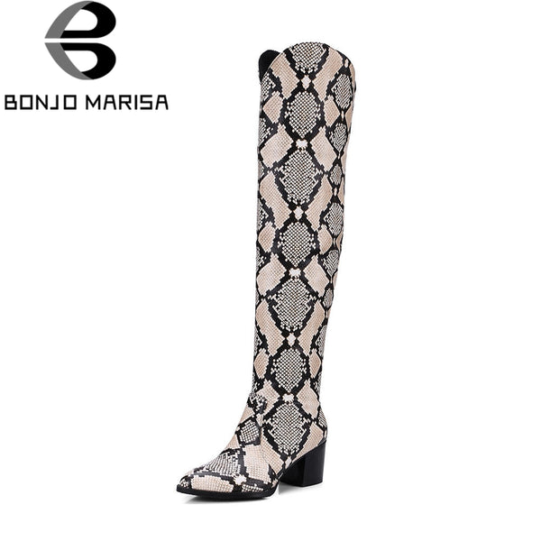 BONJOMARISA Fashion Western Knight Boots women's Over Knee Thigh High Boots Women slip-on Heels Shoes Woman Plus Size 32-48