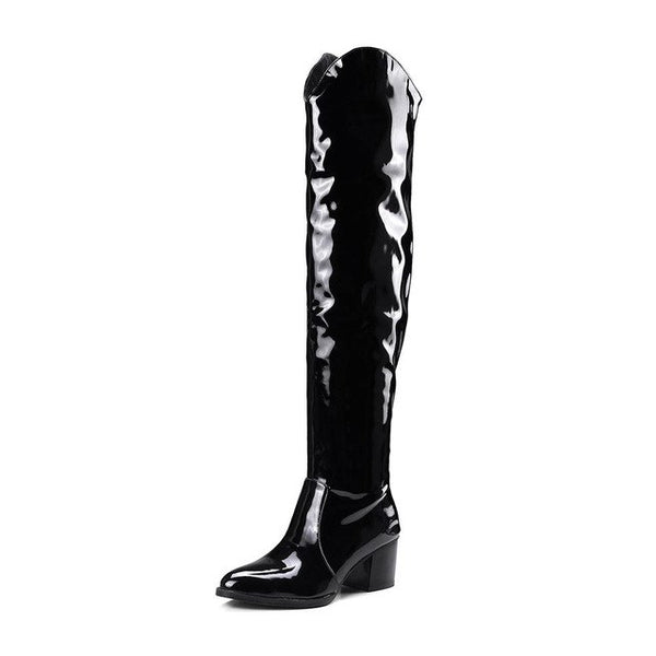 BONJOMARISA Fashion Western Knight Boots women's Over Knee Thigh High Boots Women slip-on Heels Shoes Woman Plus Size 32-48