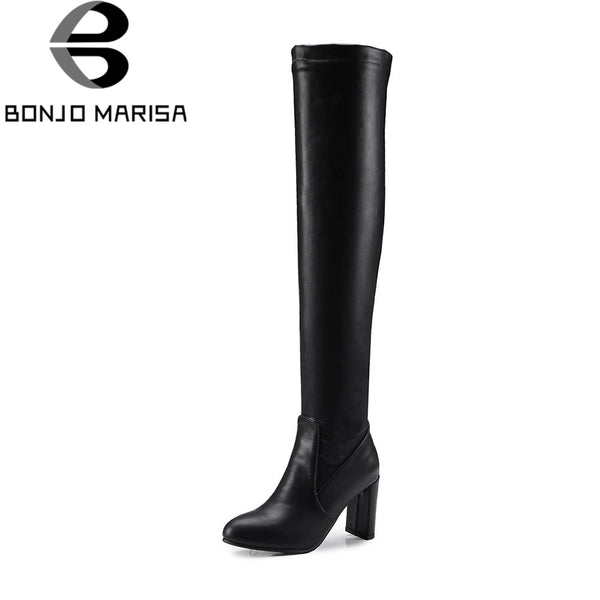 BONJOMARISA Black slip-on Knight Boots Women Over Knee Thich High Boots Women Autumn women's 8 Cm High Heels Shoes Woman 32-48