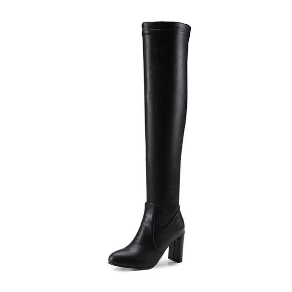 BONJOMARISA Black slip-on Knight Boots Women Over Knee Thich High Boots Women Autumn women's 8 Cm High Heels Shoes Woman 32-48