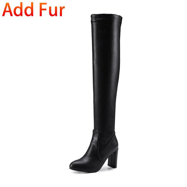 BONJOMARISA Black slip-on Knight Boots Women Over Knee Thich High Boots Women Autumn women's 8 Cm High Heels Shoes Woman 32-48