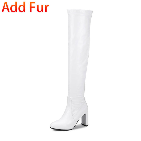 BONJOMARISA Black slip-on Knight Boots Women Over Knee Thich High Boots Women Autumn women's 8 Cm High Heels Shoes Woman 32-48
