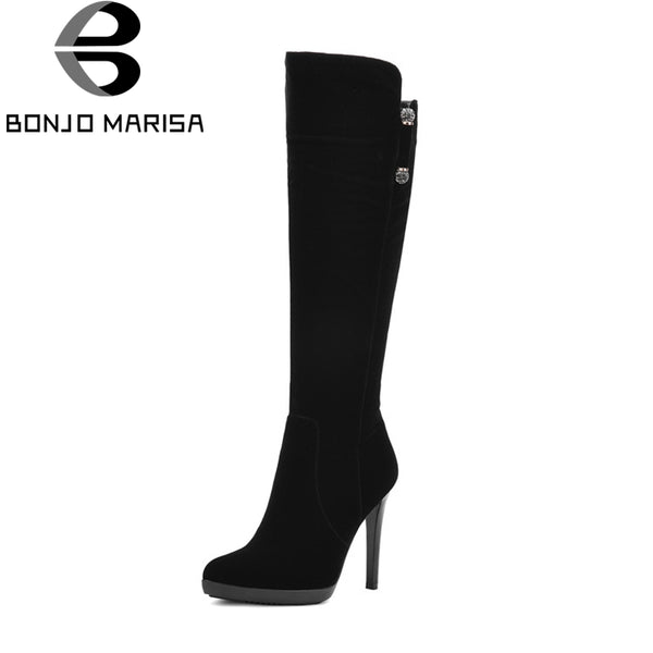 BONJOMARISA Women's Thin High Heel Pointed Toe Platform Shoes Woman Zipper Closure Suede Upper Knee Boots Size 34-40