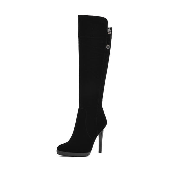 BONJOMARISA Women's Thin High Heel Pointed Toe Platform Shoes Woman Zipper Closure Suede Upper Knee Boots Size 34-40