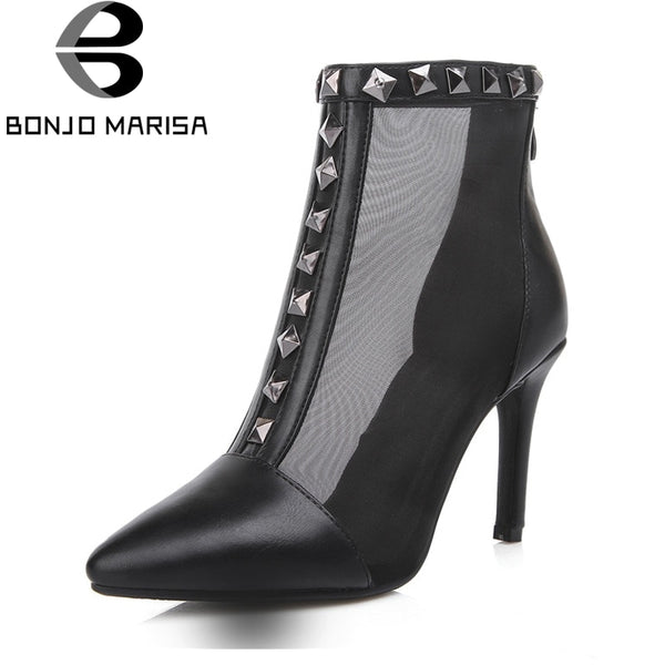 BONJOMARISA Women's Summer Boots Punk Style Rivet Shoes Woman Sexy High Heels Pointed Toe Lace Up Shoes
