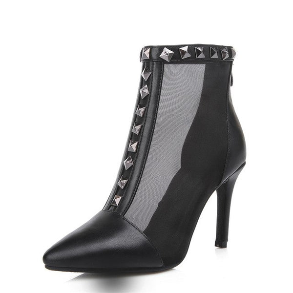 BONJOMARISA Women's Summer Boots Punk Style Rivet Shoes Woman Sexy High Heels Pointed Toe Lace Up Shoes