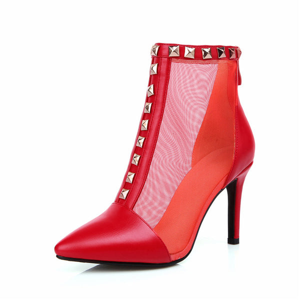 BONJOMARISA Women's Summer Boots Punk Style Rivet Shoes Woman Sexy High Heels Pointed Toe Lace Up Shoes
