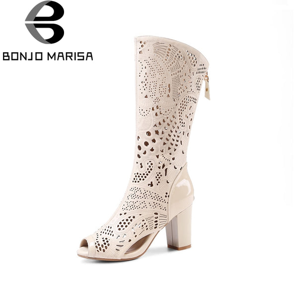 BONJOMARISA New women's Genuine Leather Mid-Calf Square High Heels Hollow Zip Shoes Woman Casual Spring Boots White Size 34-39