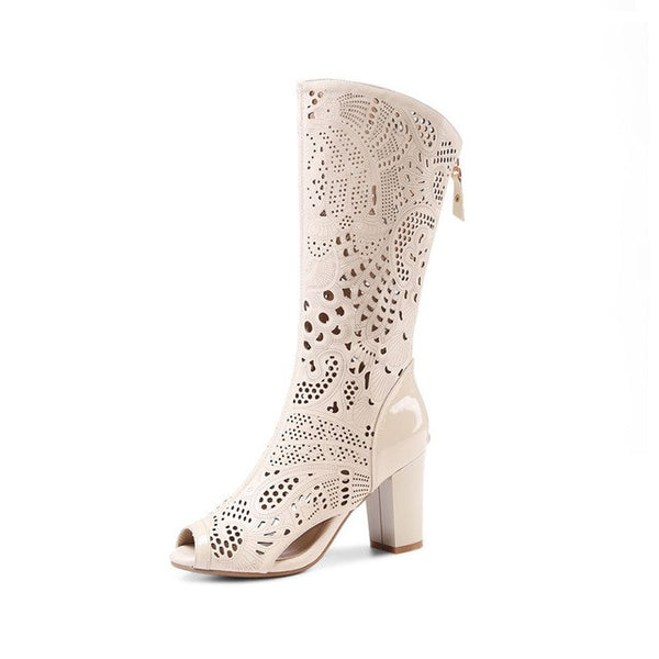 BONJOMARISA New women's Genuine Leather Mid-Calf Square High Heels Hollow Zip Shoes Woman Casual Spring Boots White Size 34-39
