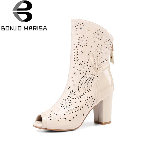 BONJOMARISA New women's Genuine Leather Square High Heels Peep Toe Crystal Solid Zip Shoes Woman Casual Spring Boots Size 34-39