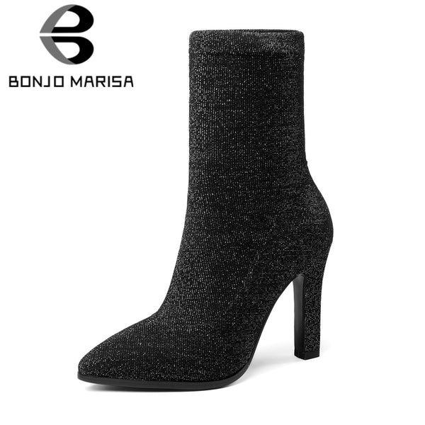 BONJOMARISA 2018 Brand Design Top Quality Ankle Boots Women's Shoes Big Size 34-43 High Heels Pointed Toe Party Boots Woman