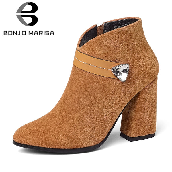 BONJOMARISA Fashion Crystal Top Quality Pointed Toe Woman Ankle Boots Women's Shoes Big Size 34-43 High Heels Party Boots