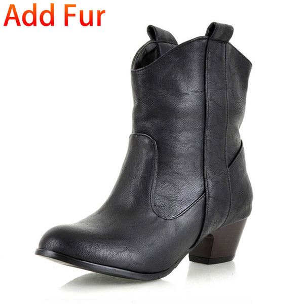 BONJOMARISA 2018 Dropship Big Size 32-43 Slip On Retro women's Boots Fashion Leisure Date Add Fur women's Shoes mid-calf Boots