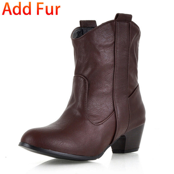 BONJOMARISA 2018 Dropship Big Size 32-43 Slip On Retro women's Boots Fashion Leisure Date Add Fur women's Shoes mid-calf Boots