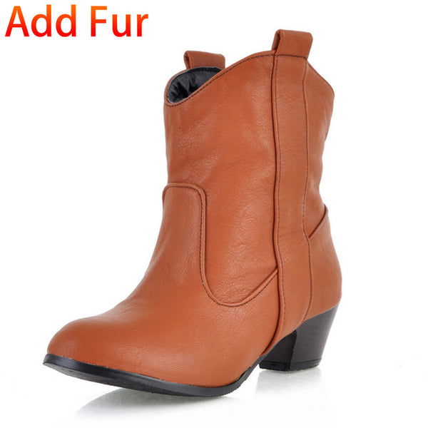 BONJOMARISA 2018 Dropship Big Size 32-43 Slip On Retro women's Boots Fashion Leisure Date Add Fur women's Shoes mid-calf Boots