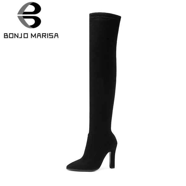 BONJOMARISA New Trendy Stretch Fabric Over The Knee Boots Women's Shoes Big Size 34-43 Sexy High Heels Party Boots Woman