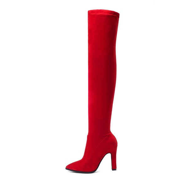 BONJOMARISA New Trendy Stretch Fabric Over The Knee Boots Women's Shoes Big Size 34-43 Sexy High Heels Party Boots Woman