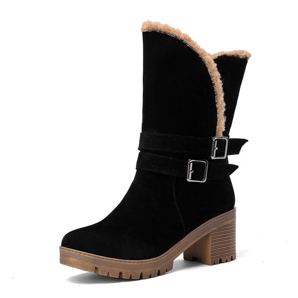 BONJOMARISA New women's Solid Square High Heels Round Toe Hot Sale Shoes Woman Casual Winter Boots Big Size 34-43
