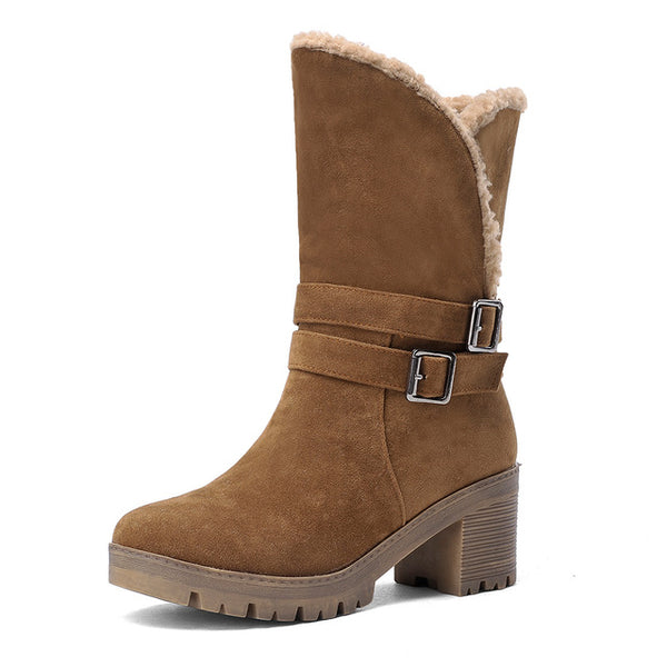 BONJOMARISA New women's Solid Square High Heels Round Toe Hot Sale Shoes Woman Casual Winter Boots Big Size 34-43