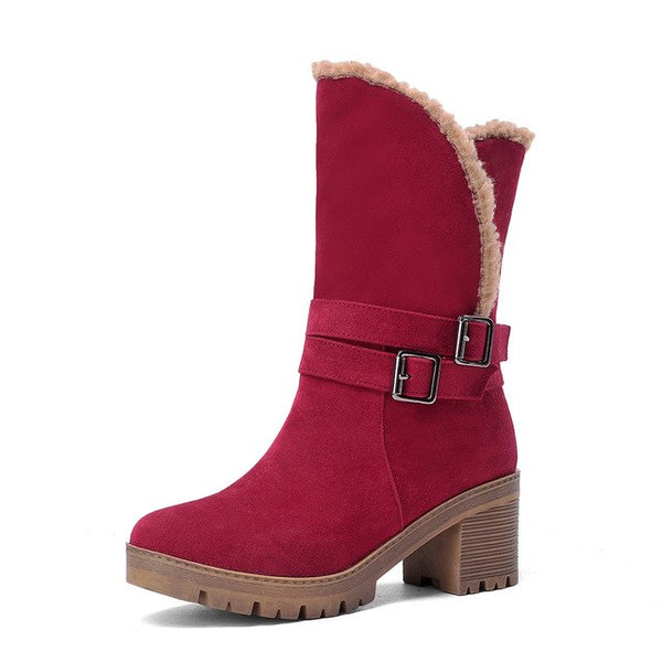 BONJOMARISA New women's Solid Square High Heels Round Toe Hot Sale Shoes Woman Casual Winter Boots Big Size 34-43
