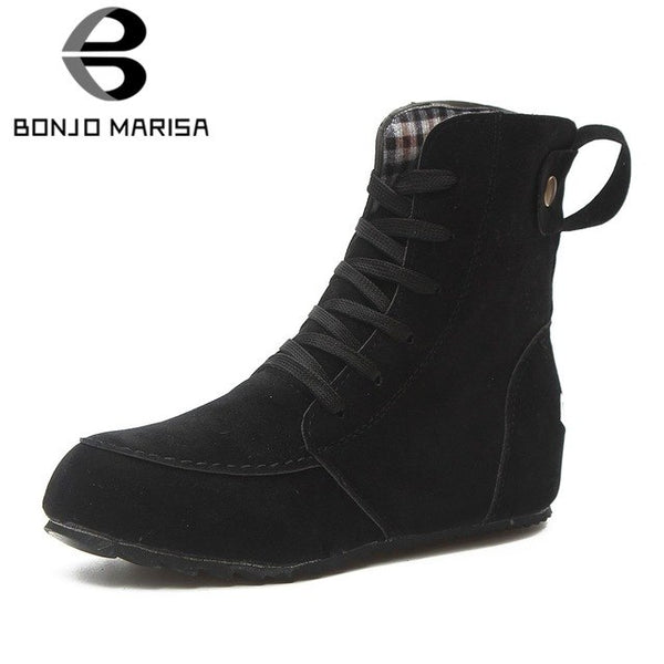 BONJOMARISA Women's Autumn Cool Riding Style Outdoor Shoes Woman Lace Up Flat Ankle Boots Size 35-42