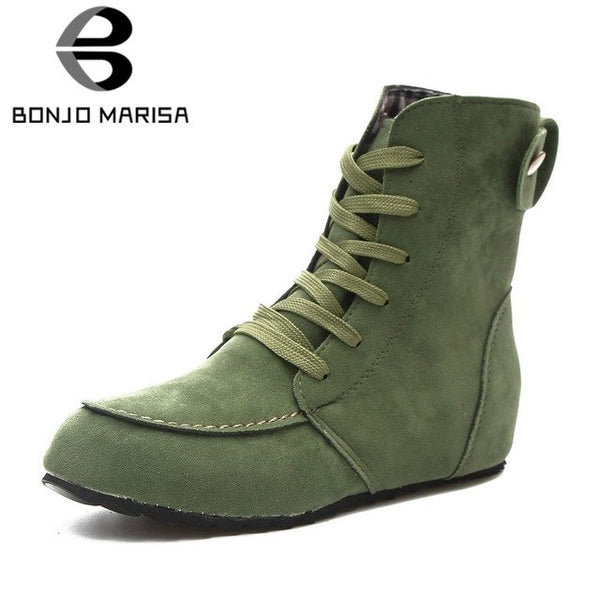 BONJOMARISA Women's Autumn Cool Riding Style Outdoor Shoes Woman Lace Up Flat Ankle Boots Size 35-42